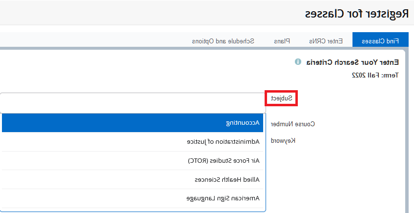 注册课程 page shown with "Subject" highlighted next to a drop-down of all available subjects